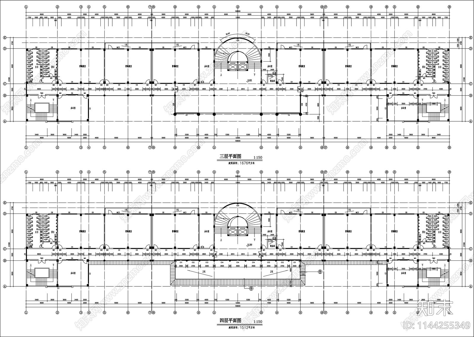 中式风教学楼建筑cad施工图下载【ID:1144255349】