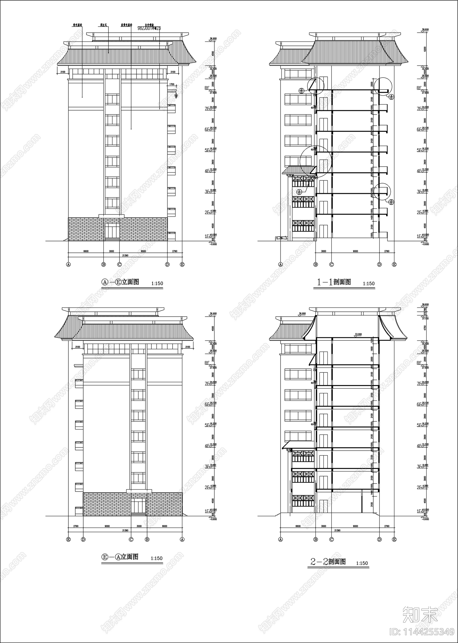 中式风教学楼建筑cad施工图下载【ID:1144255349】