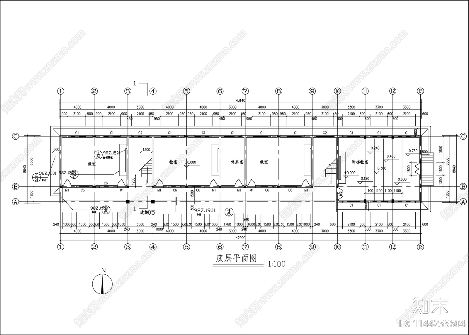 某乡镇小学教学楼建筑cad施工图下载【ID:1144255604】