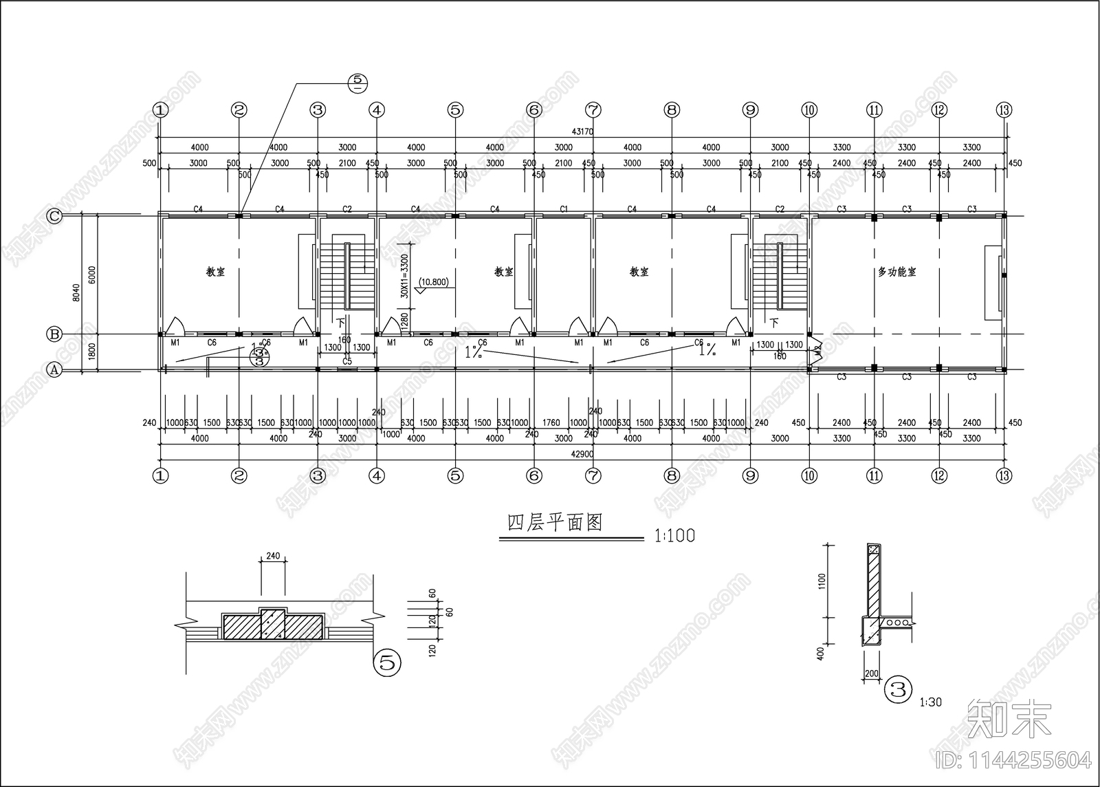 某乡镇小学教学楼建筑cad施工图下载【ID:1144255604】