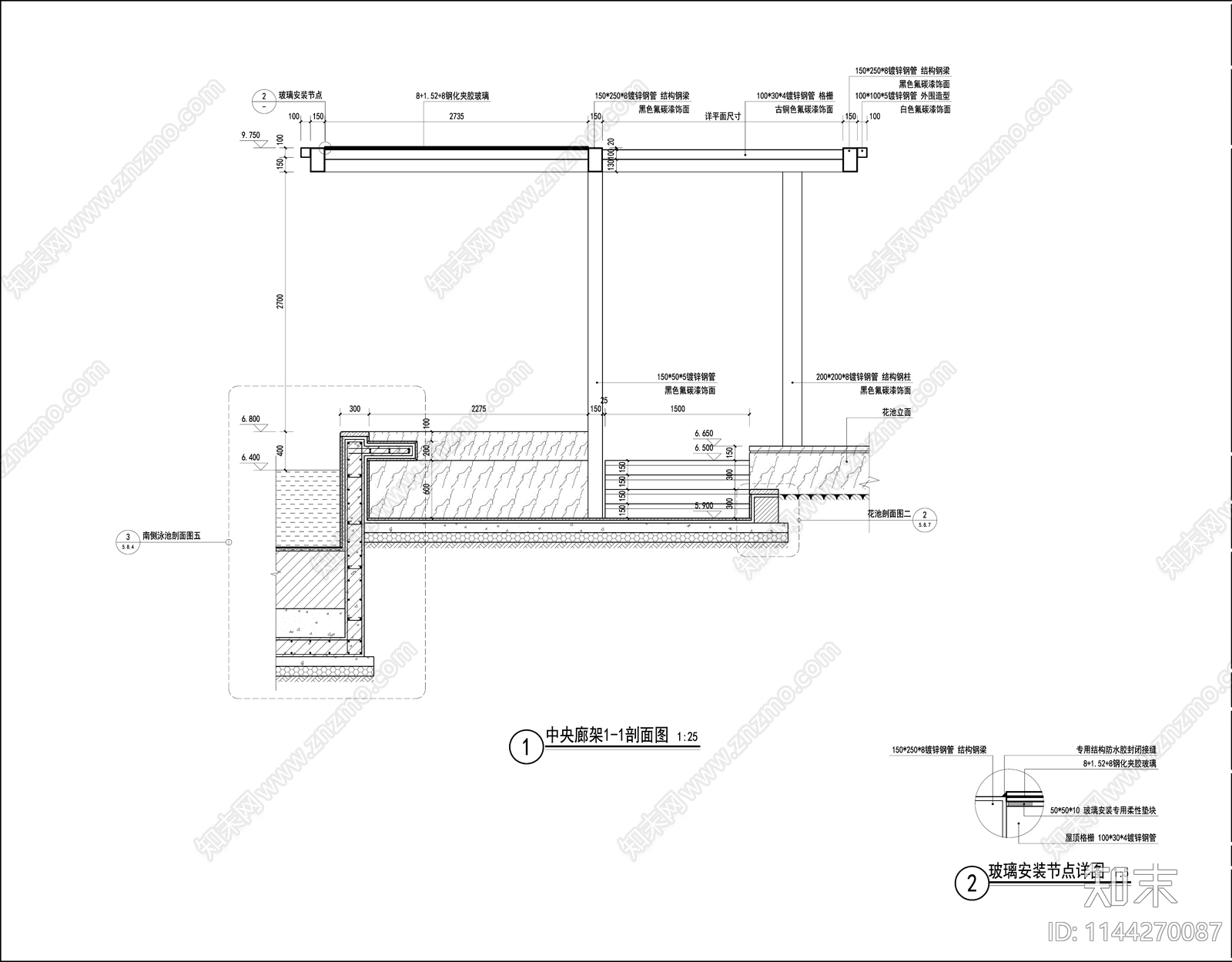 现代户外会客厅廊架cad施工图下载【ID:1144270087】