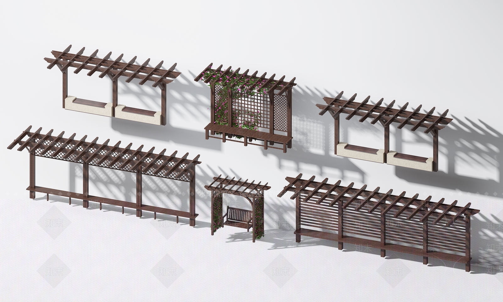 花园防腐木花架公园木头葡萄架公园木质休闲花防腐木葡萄花架防腐木秋千架3D模型下载【ID:1144271592】