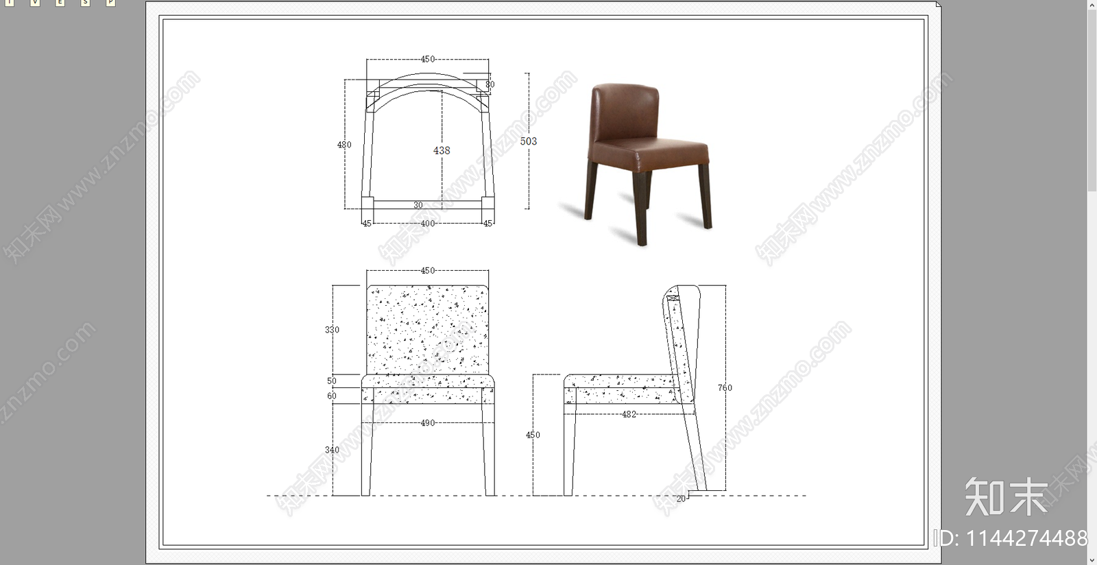 欧式书椅餐椅三视图cad施工图下载【ID:1144274488】