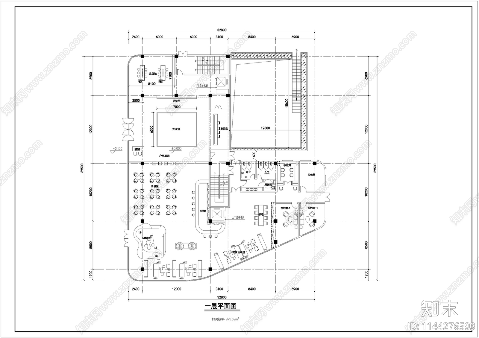 售楼处建筑平面图cad施工图下载【ID:1144276593】