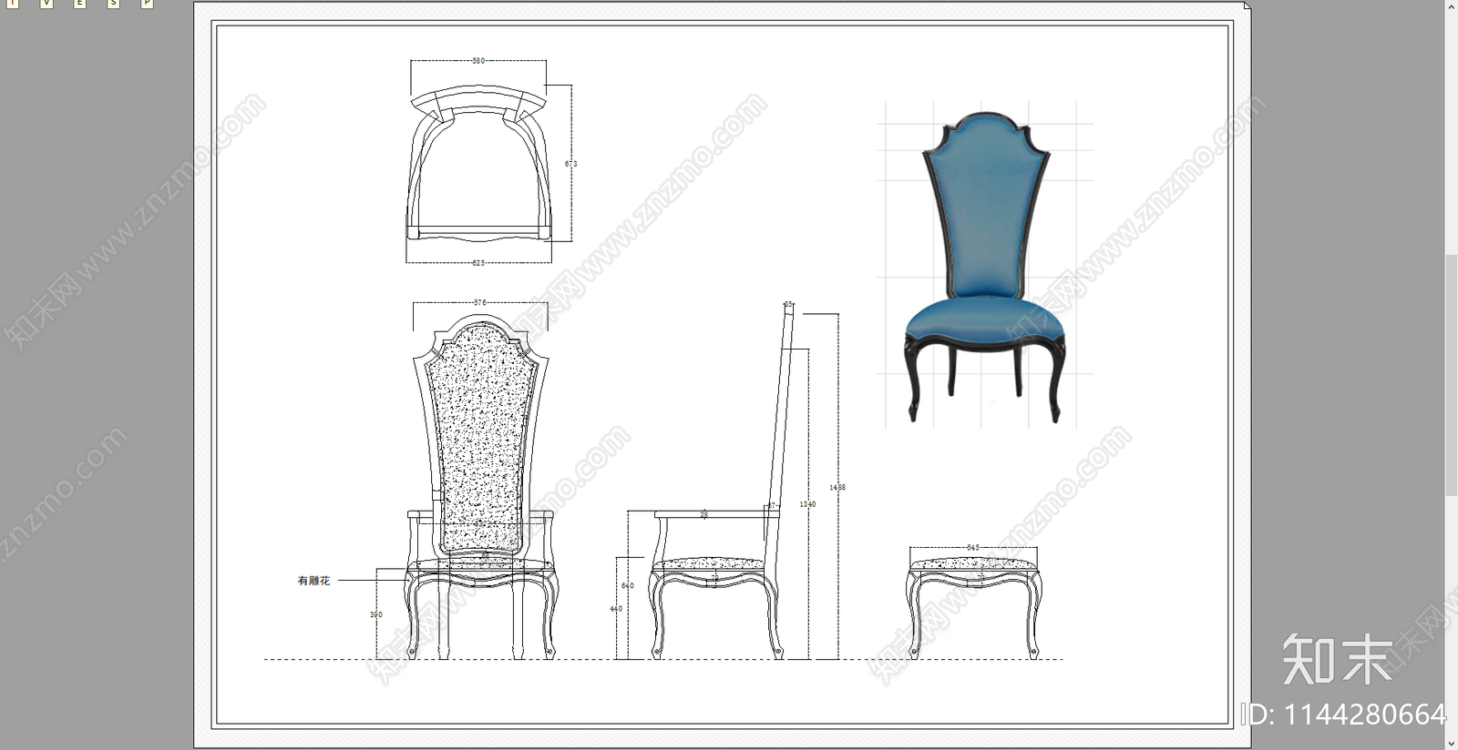 欧式书椅餐椅三视图cad施工图下载【ID:1144280664】