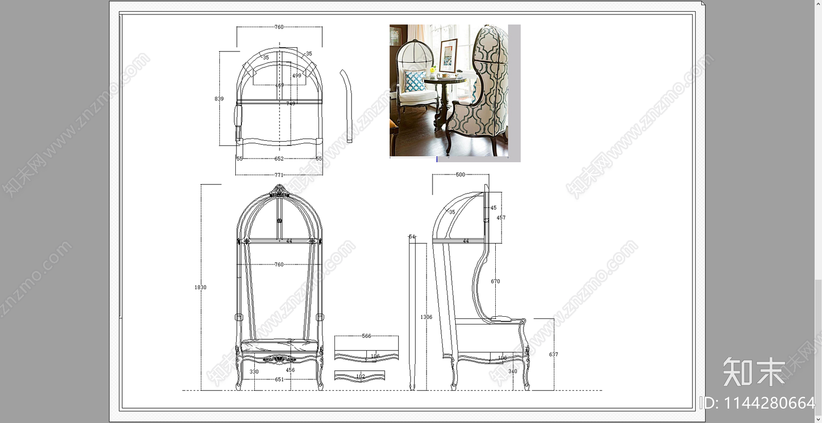 欧式书椅餐椅三视图cad施工图下载【ID:1144280664】