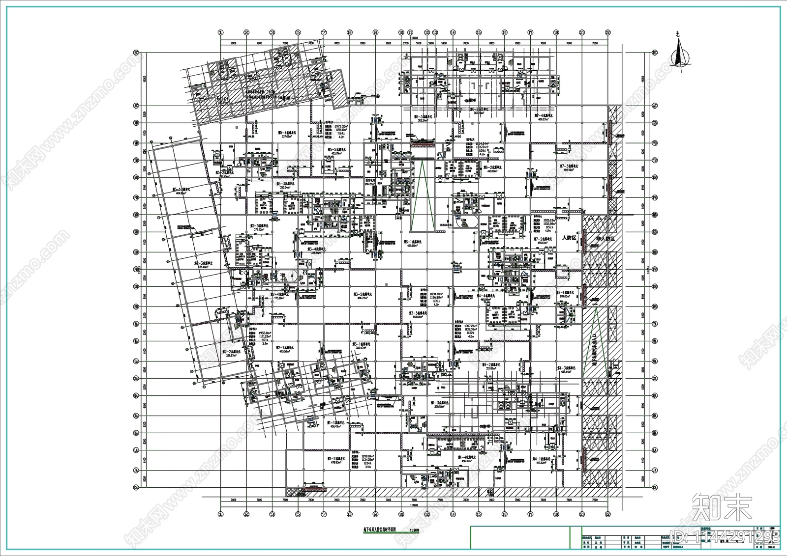 小区地下车库建筑cad施工图下载【ID:1144291293】