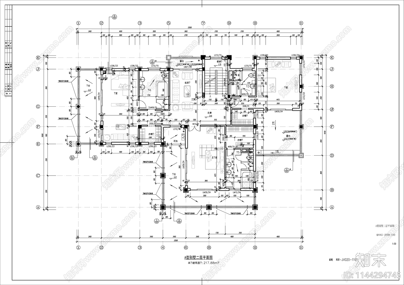 简欧风格三层别墅自建房建筑cad施工图下载【ID:1144294745】