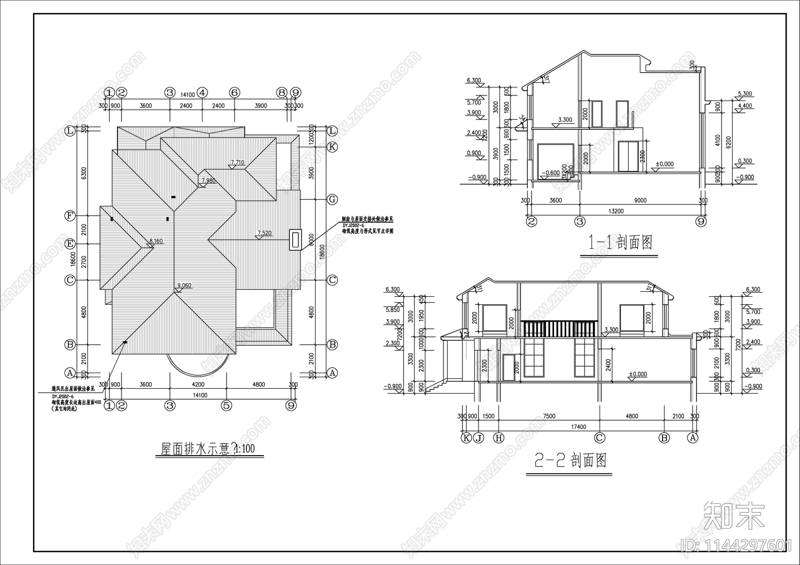 二层欧式风格别墅自建房建筑cad施工图下载【ID:1144297601】