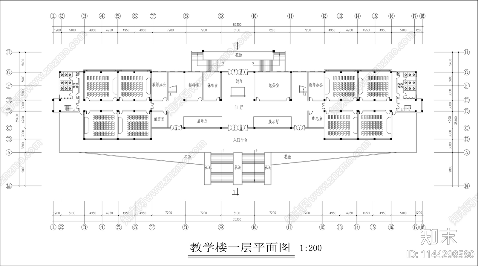 中学框架结构教学楼建筑cad施工图下载【ID:1144298580】