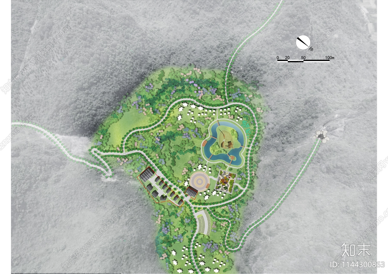 村庄规划美丽乡村水彩小清新彩色总平图PSD免抠素材下载【ID:1144300863】