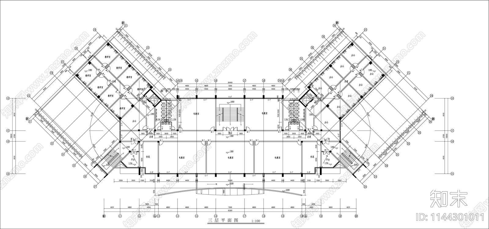 学区综合教学楼建筑cad施工图下载【ID:1144301011】