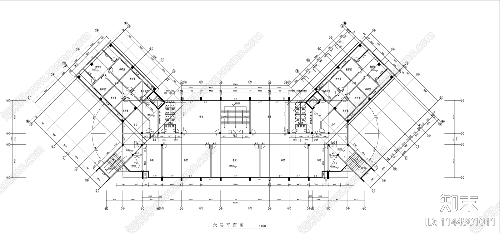 学区综合教学楼建筑cad施工图下载【ID:1144301011】