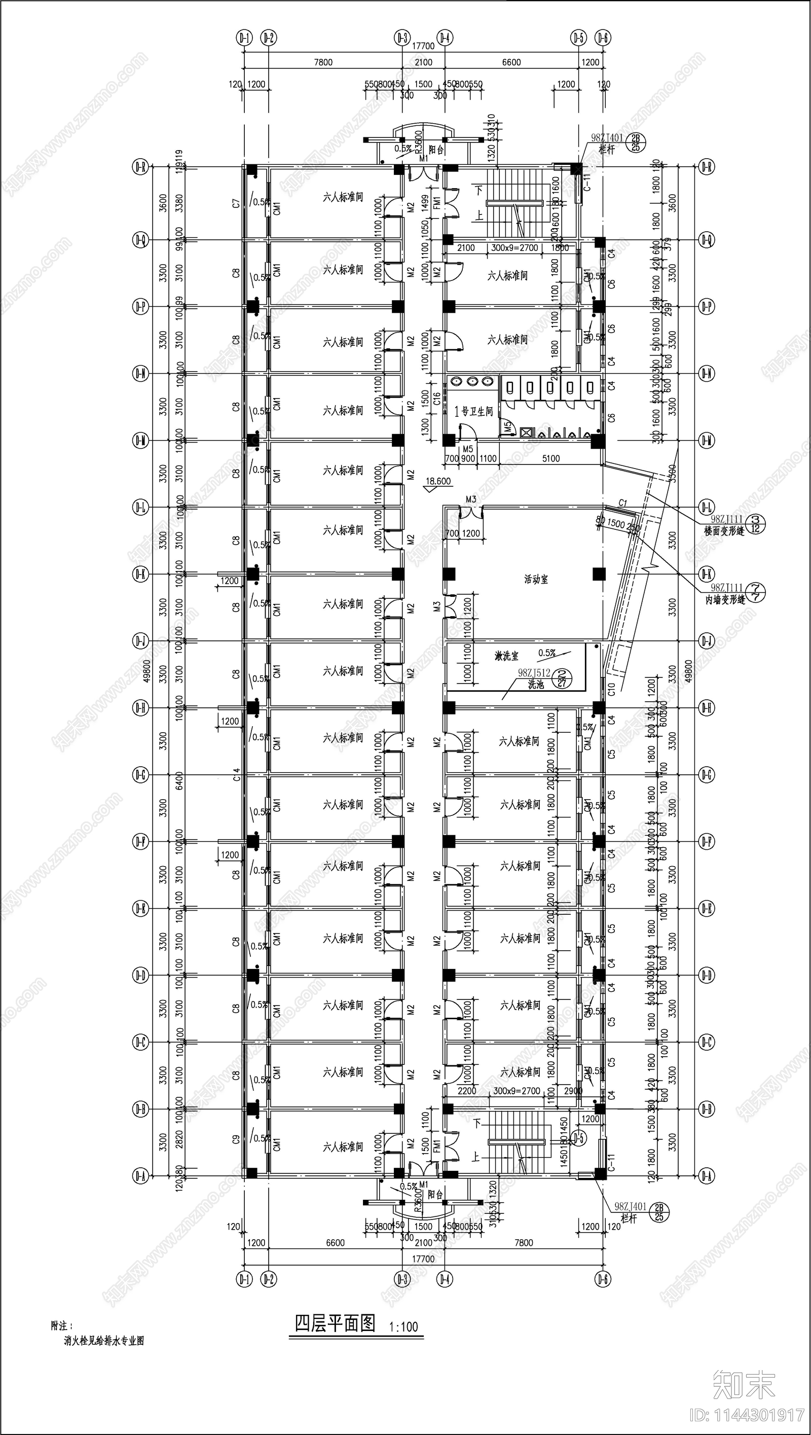 学生公寓D栋建筑cad施工图下载【ID:1144301917】