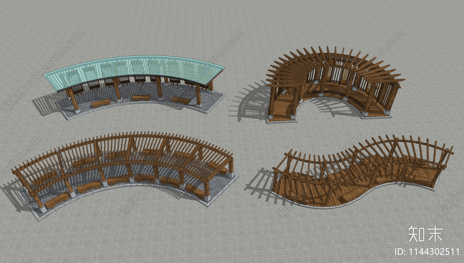 新中式木质弧形廊架SU模型下载【ID:1144302511】
