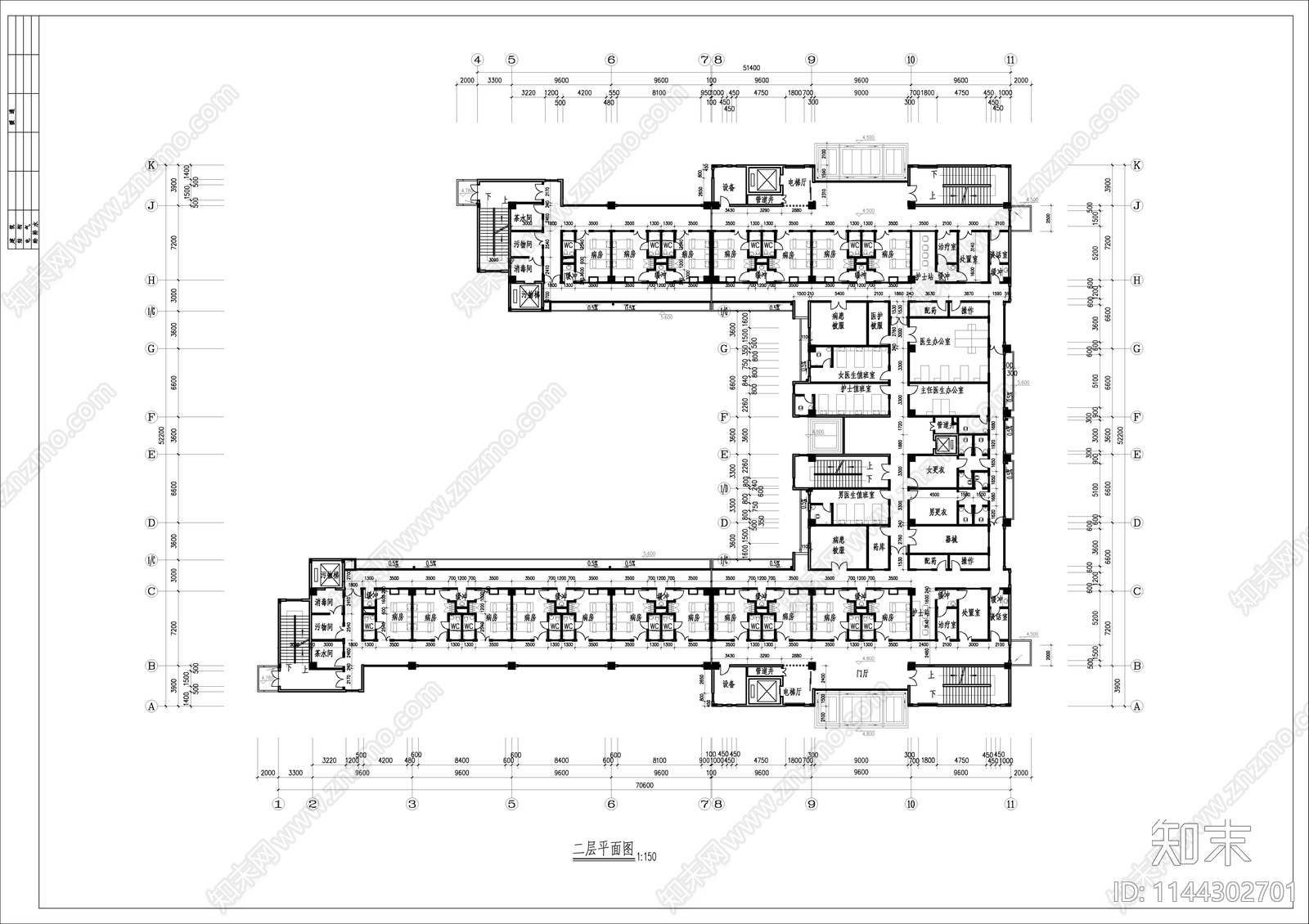 病房楼建筑cad施工图下载【ID:1144302701】