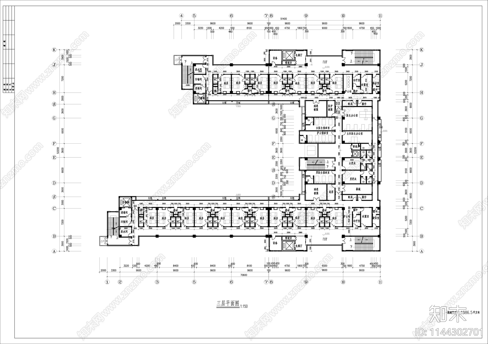 病房楼建筑cad施工图下载【ID:1144302701】