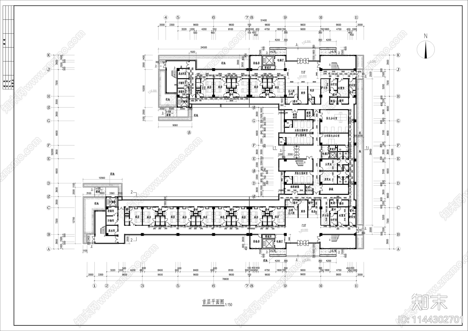 病房楼建筑cad施工图下载【ID:1144302701】