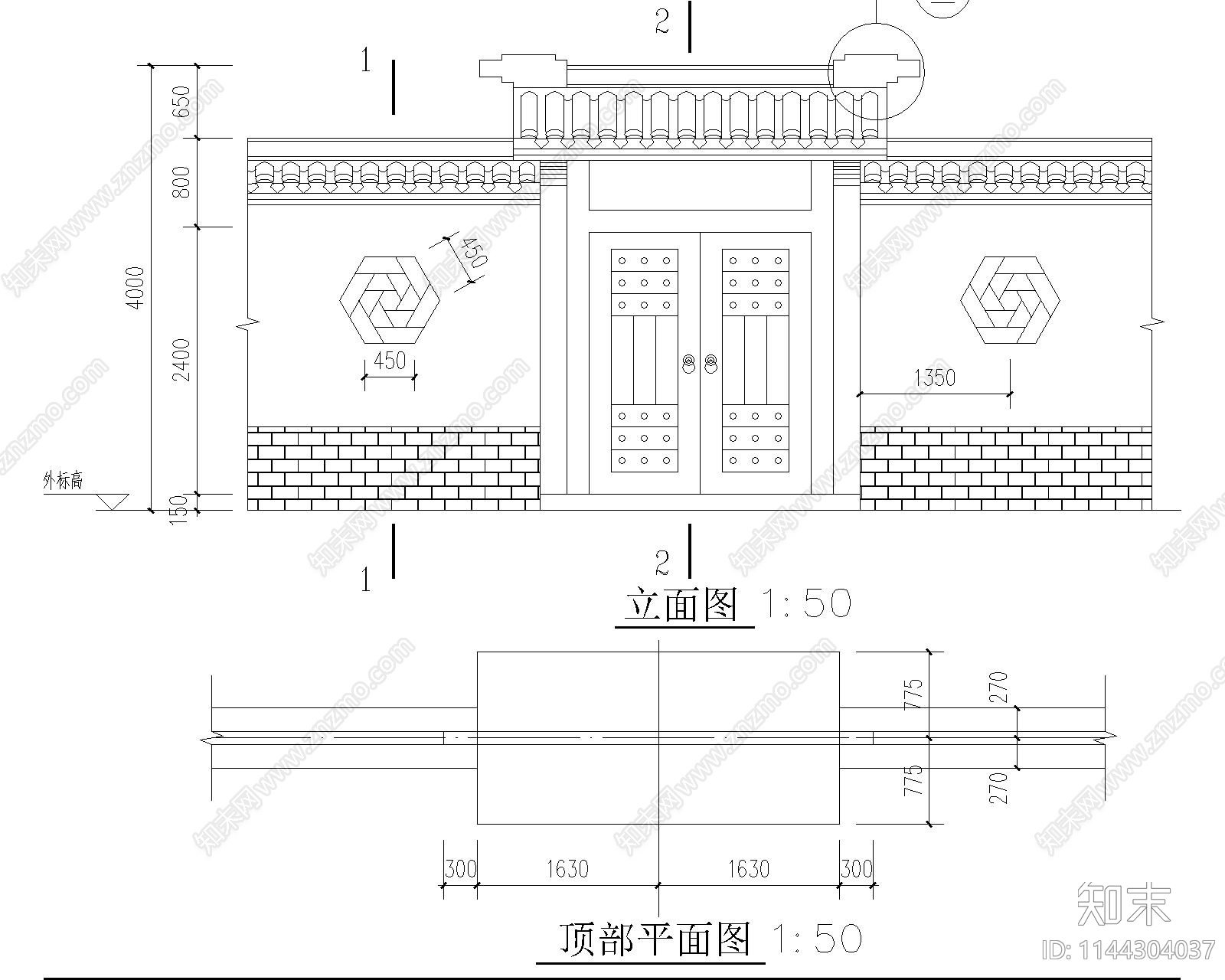 中式园林围墙档土墙cad施工图下载【ID:1144304037】