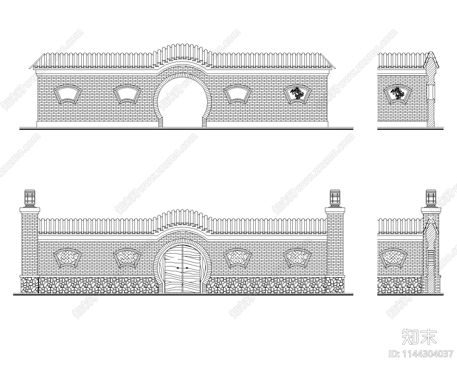 中式园林围墙档土墙cad施工图下载【ID:1144304037】