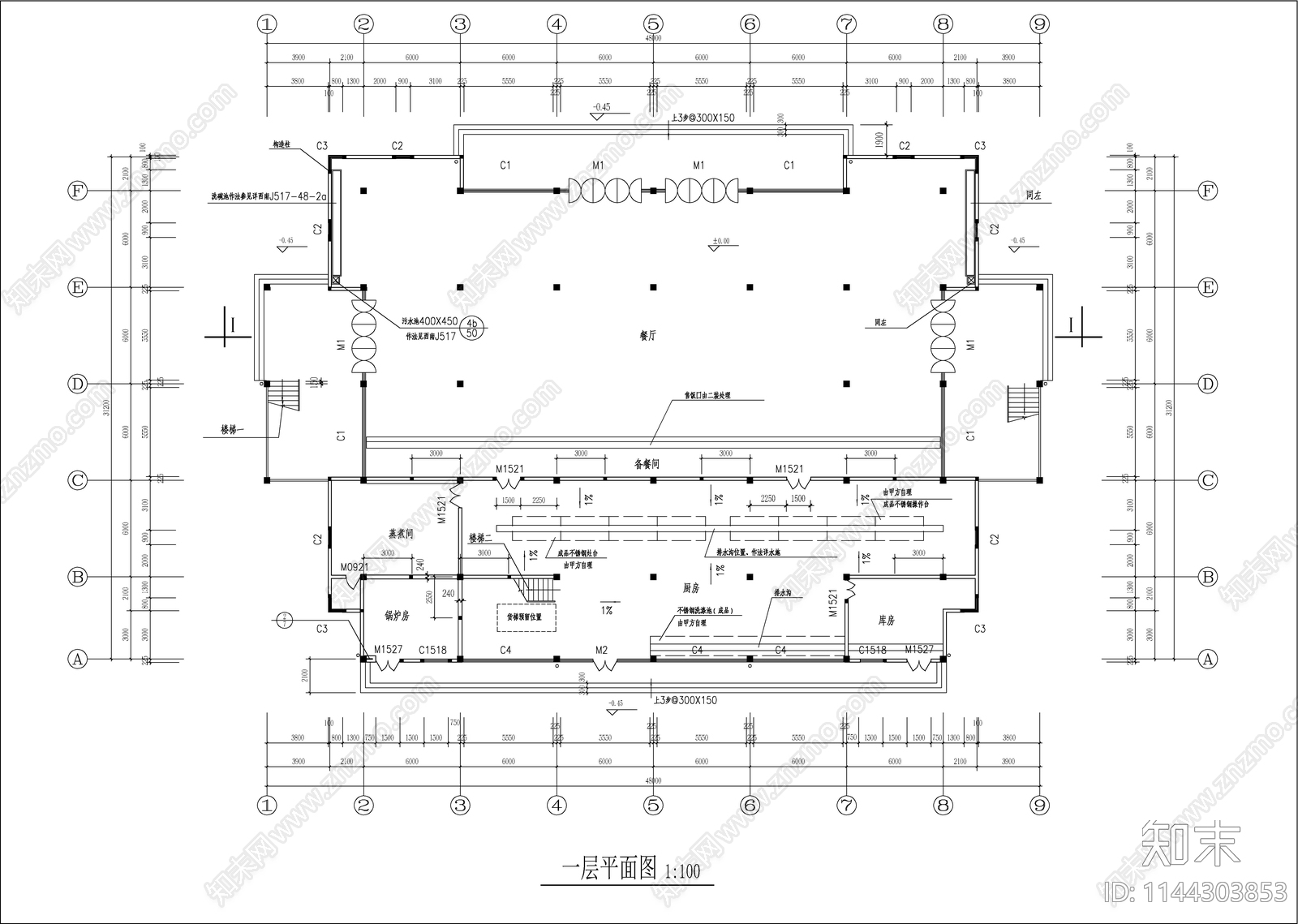 学院新校区食堂建筑cad施工图下载【ID:1144303853】