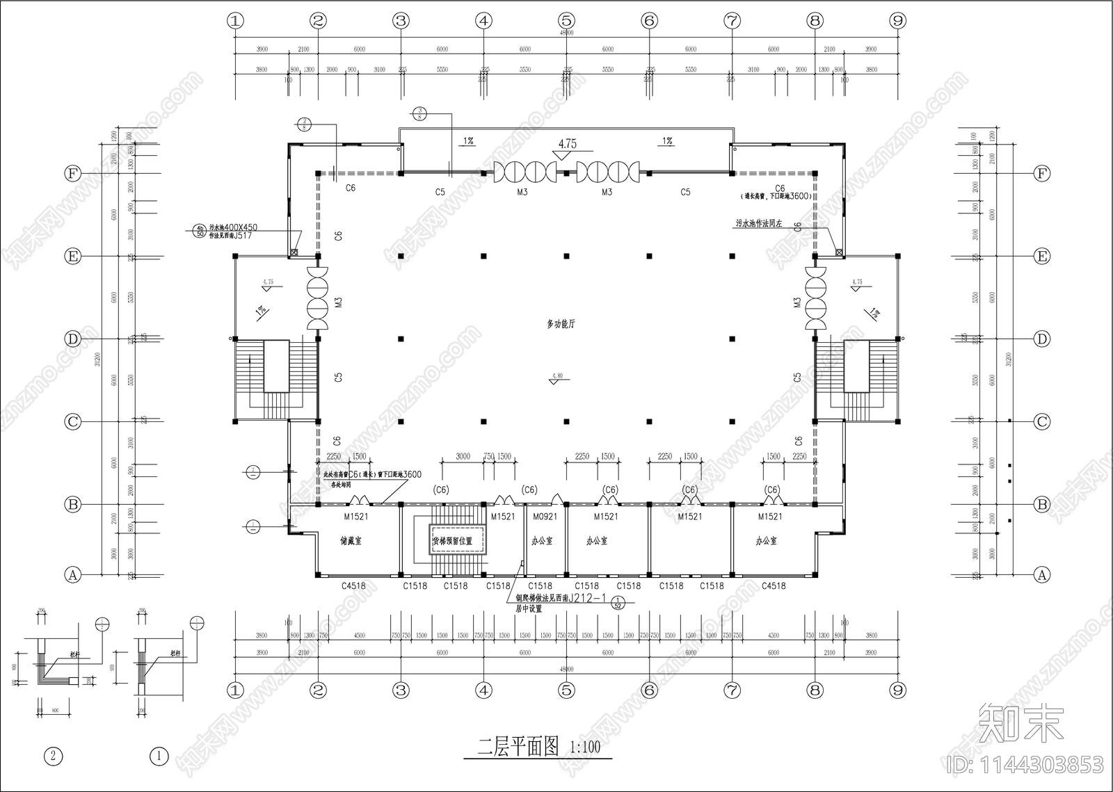 学院新校区食堂建筑cad施工图下载【ID:1144303853】