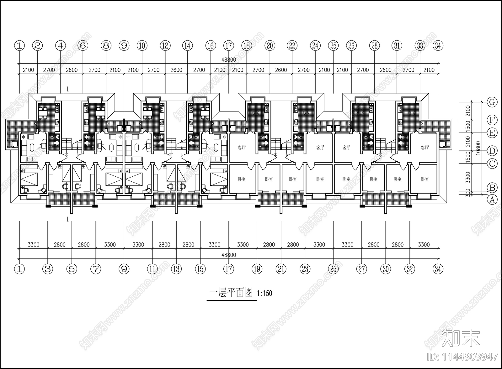 研究生公寓建筑cad施工图下载【ID:1144303947】