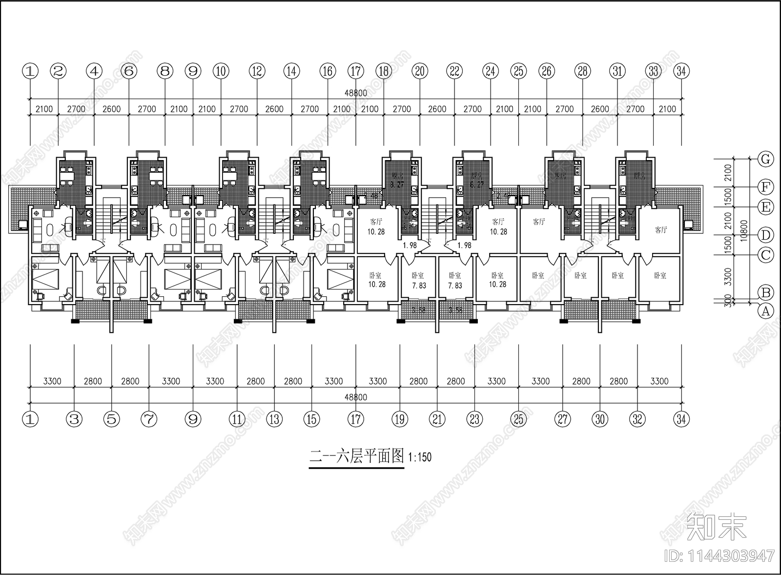 研究生公寓建筑cad施工图下载【ID:1144303947】