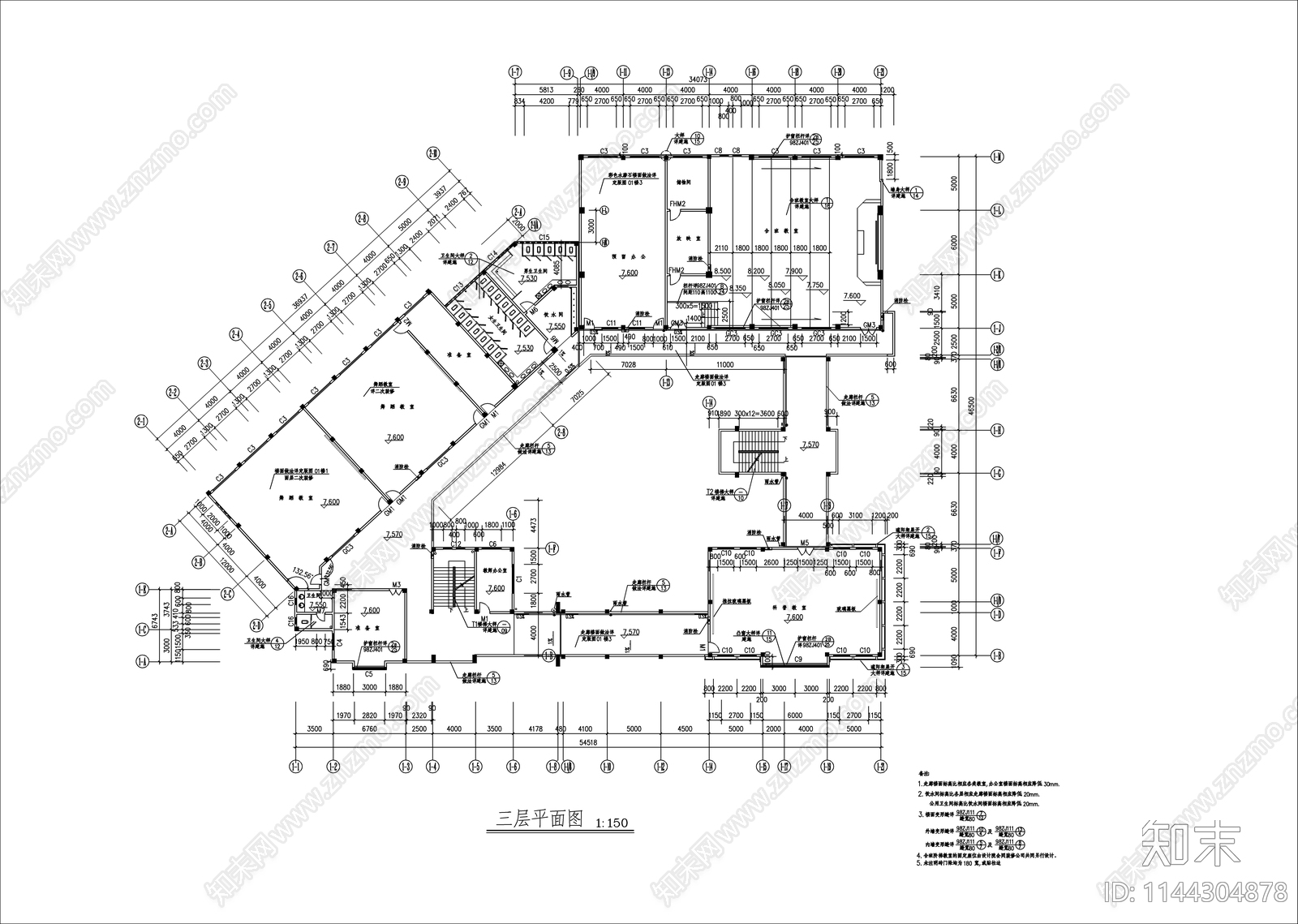 高中艺术教学楼建筑cad施工图下载【ID:1144304878】