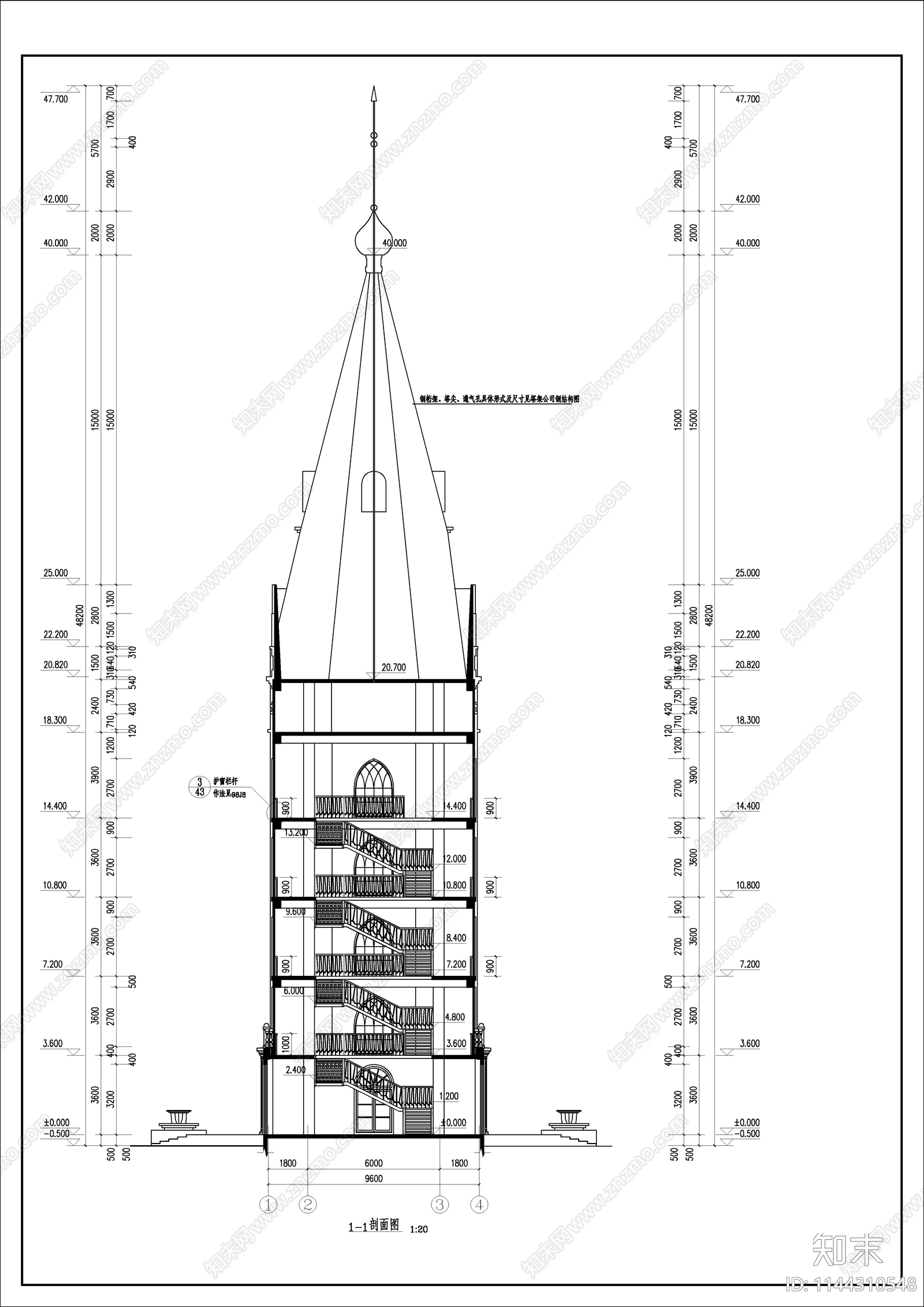 欧式观光塔建筑cad施工图下载【ID:1144310548】