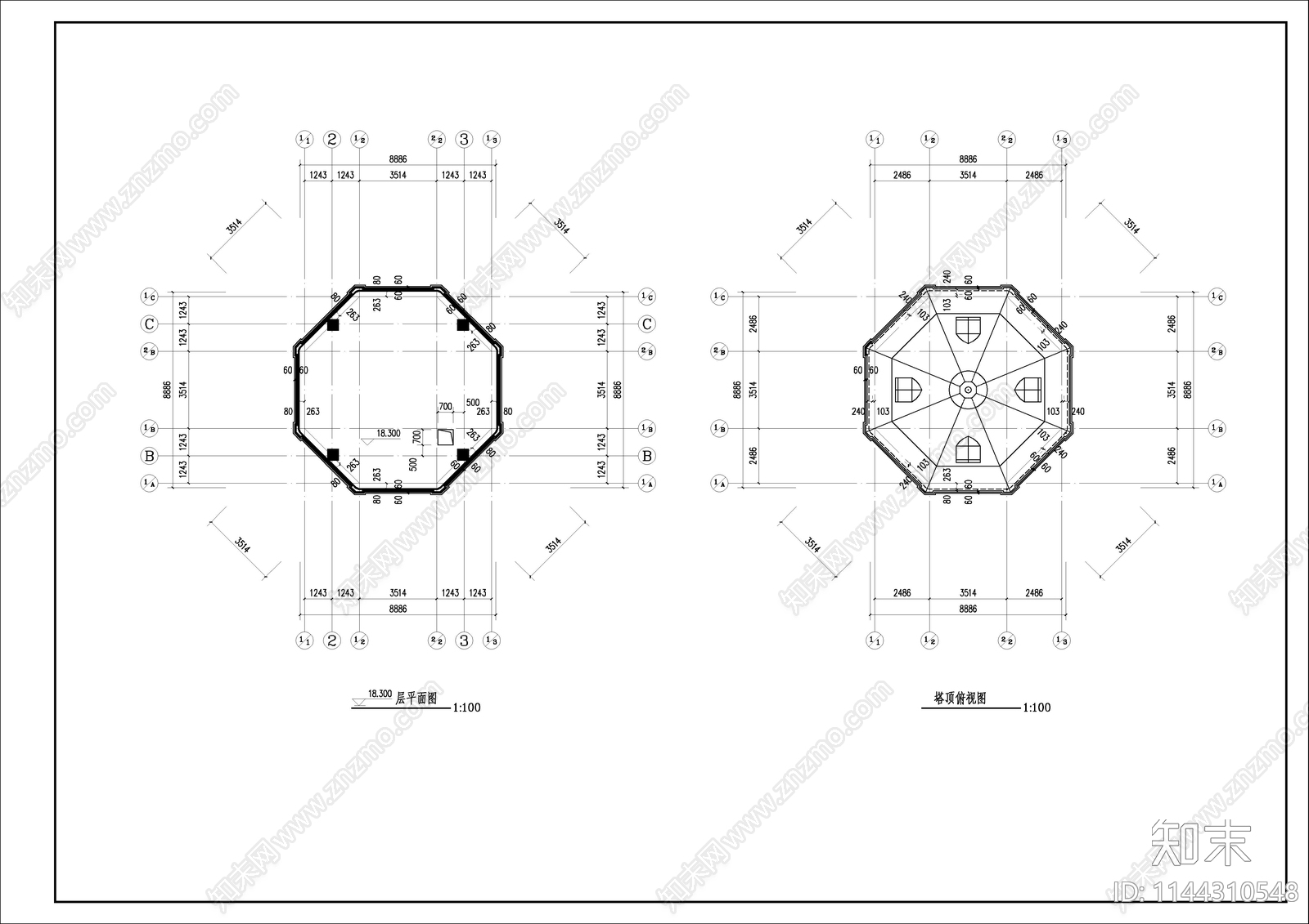 欧式观光塔建筑cad施工图下载【ID:1144310548】