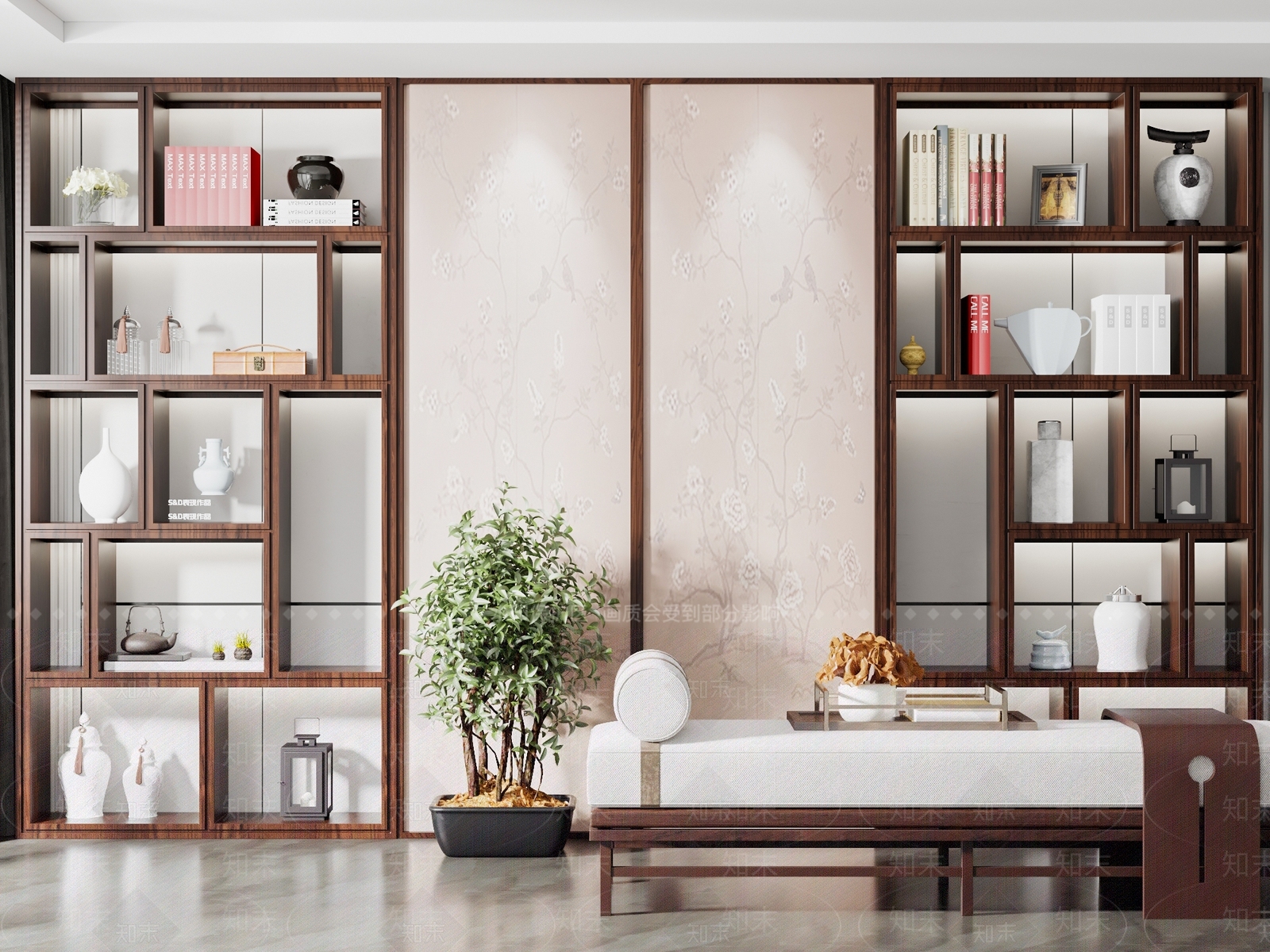 新中式书架隔断SU模型下载【ID:1144322732】