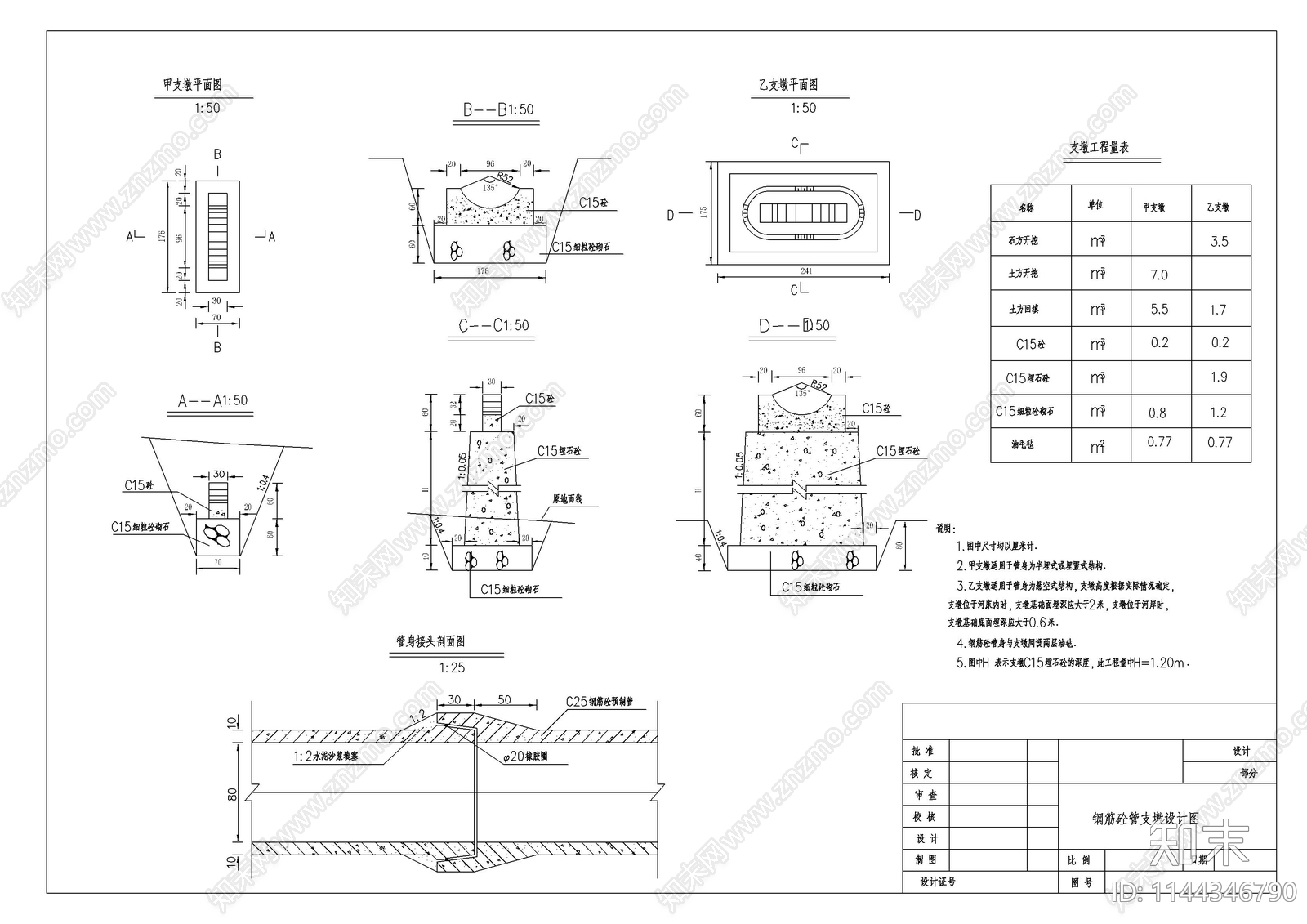 钢筋砼管镇墩支墩cad施工图下载【ID:1144346790】