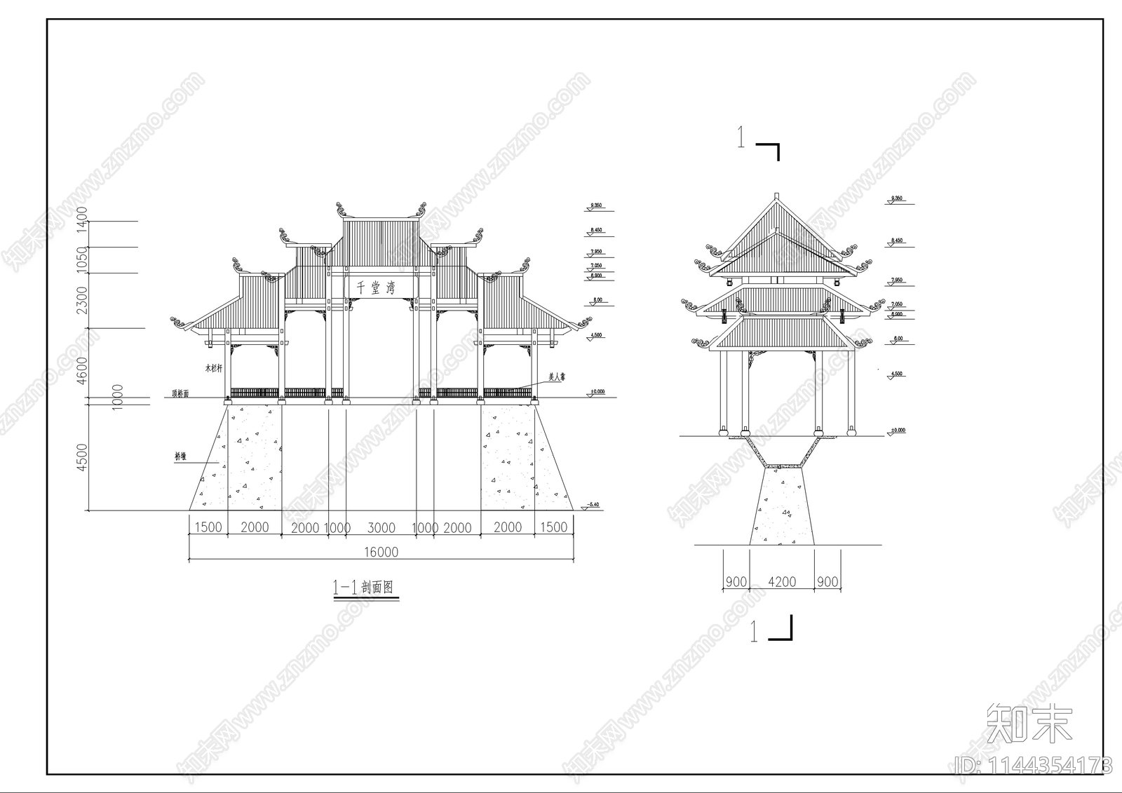 风雨桥古建筑门楼cad施工图下载【ID:1144354173】