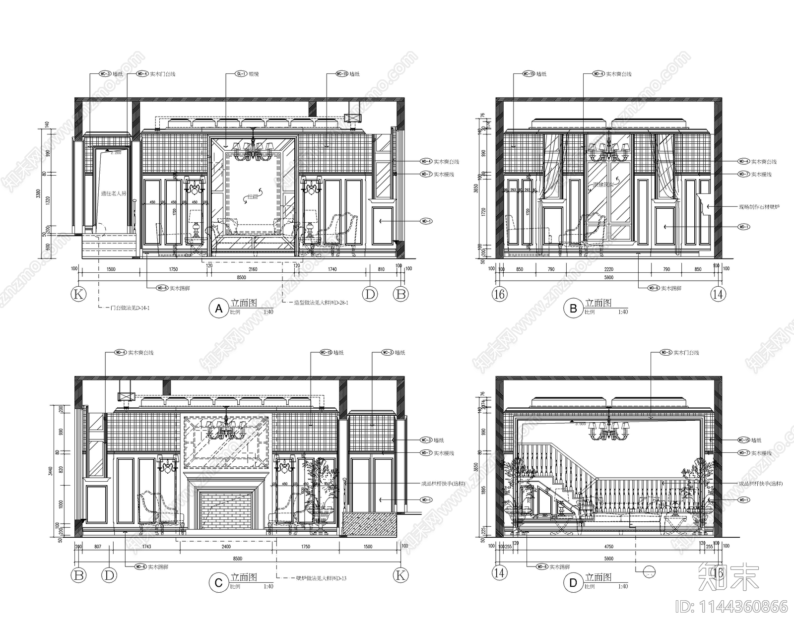 800㎡四层别墅家装室内cad施工图下载【ID:1144360866】