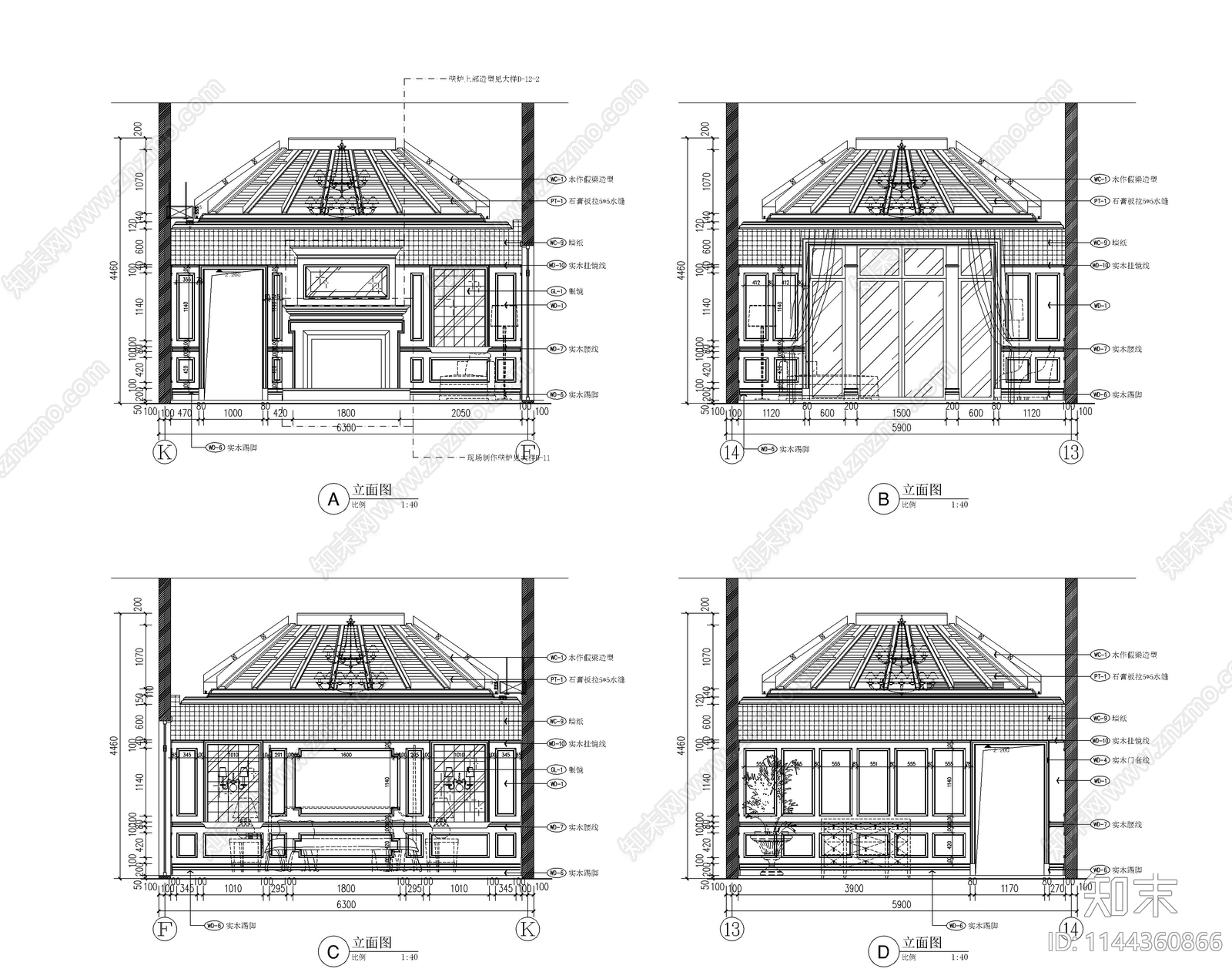 800㎡四层别墅家装室内cad施工图下载【ID:1144360866】