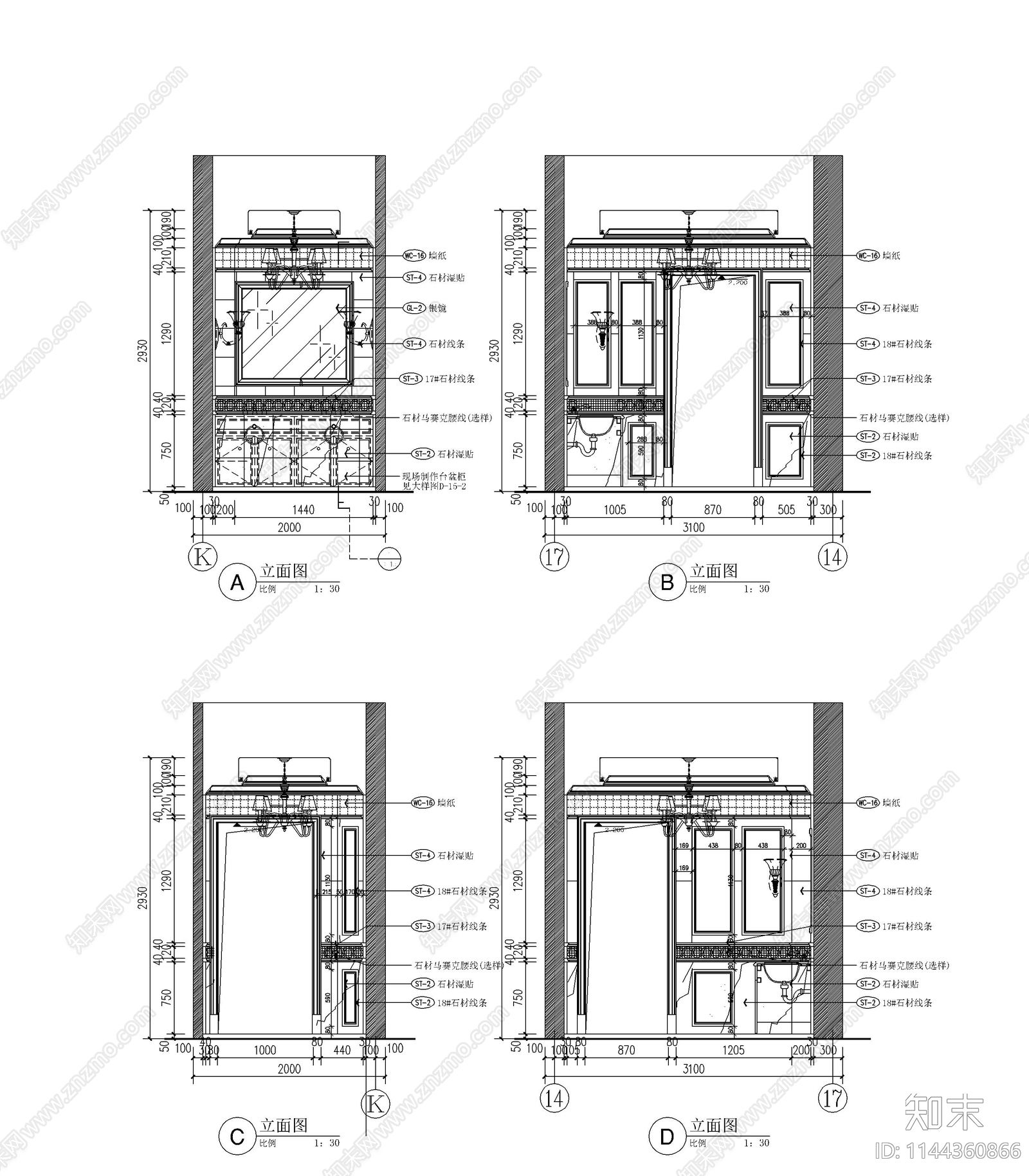 800㎡四层别墅家装室内cad施工图下载【ID:1144360866】