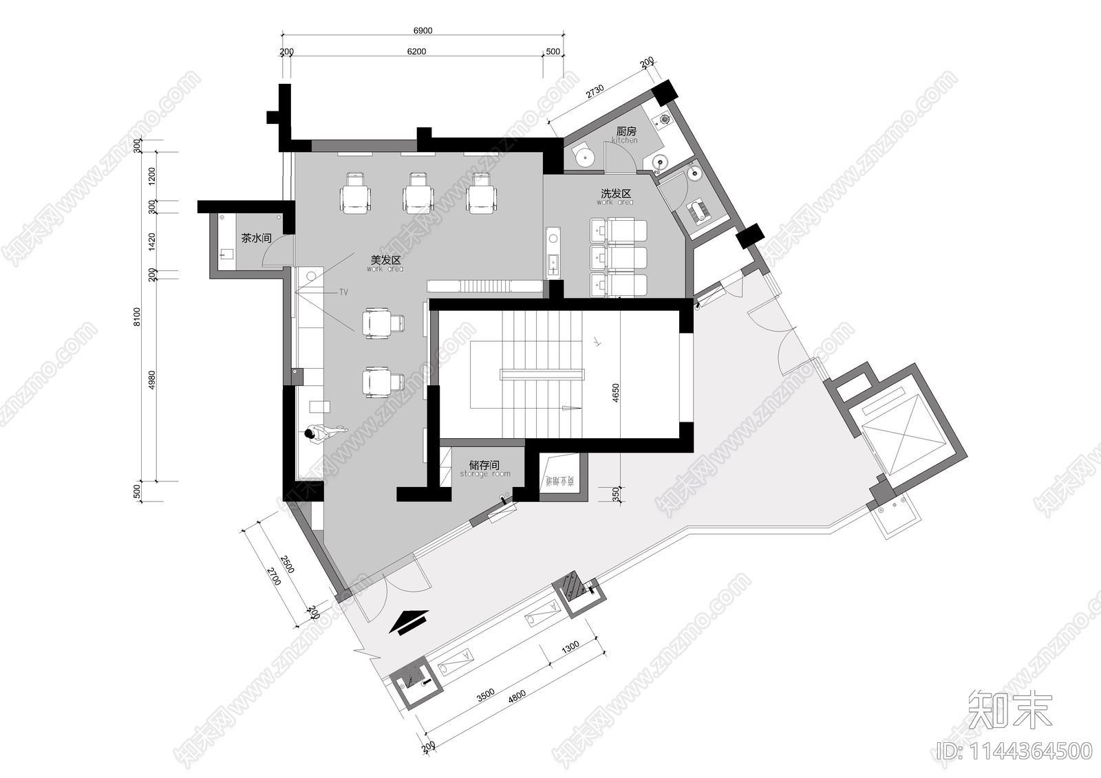 美发店室内平面布置图施工图下载【ID:1144364500】