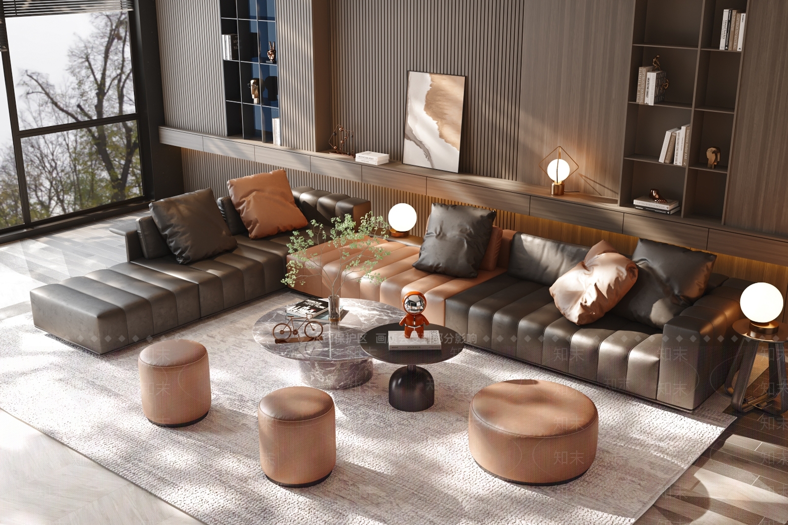 现代皮质沙发茶几组合3D模型下载【ID:1144368689】