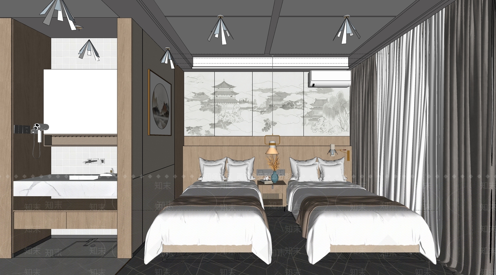 新中式酒店客房SU模型下载【ID:1144376614】