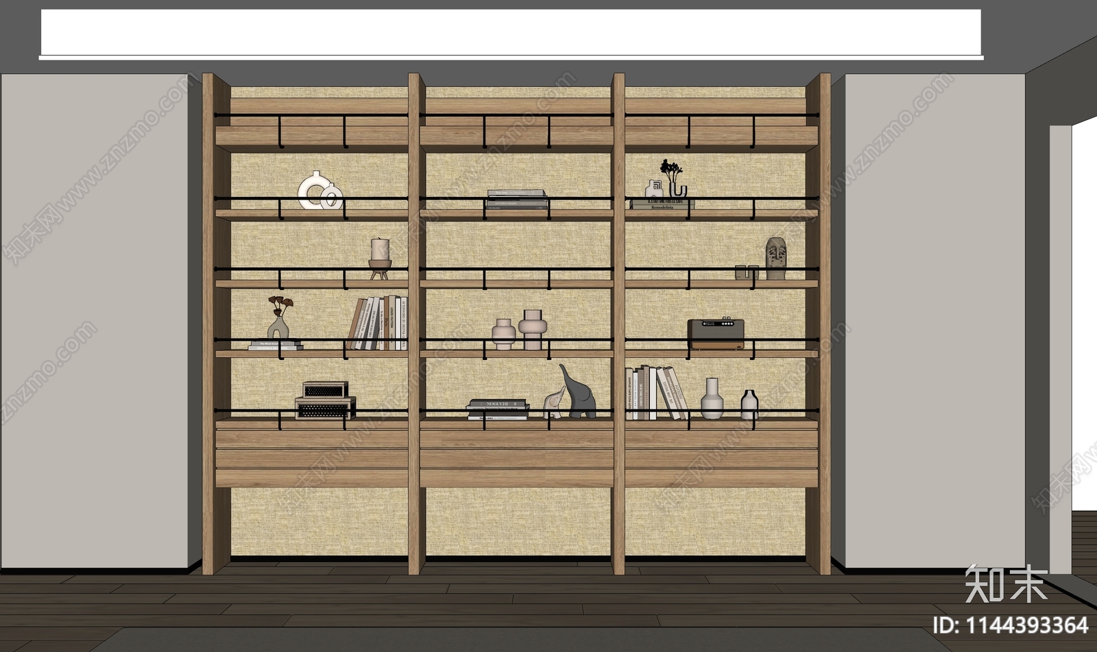 侘寂风嵌入式原木书架SU模型下载【ID:1144393364】
