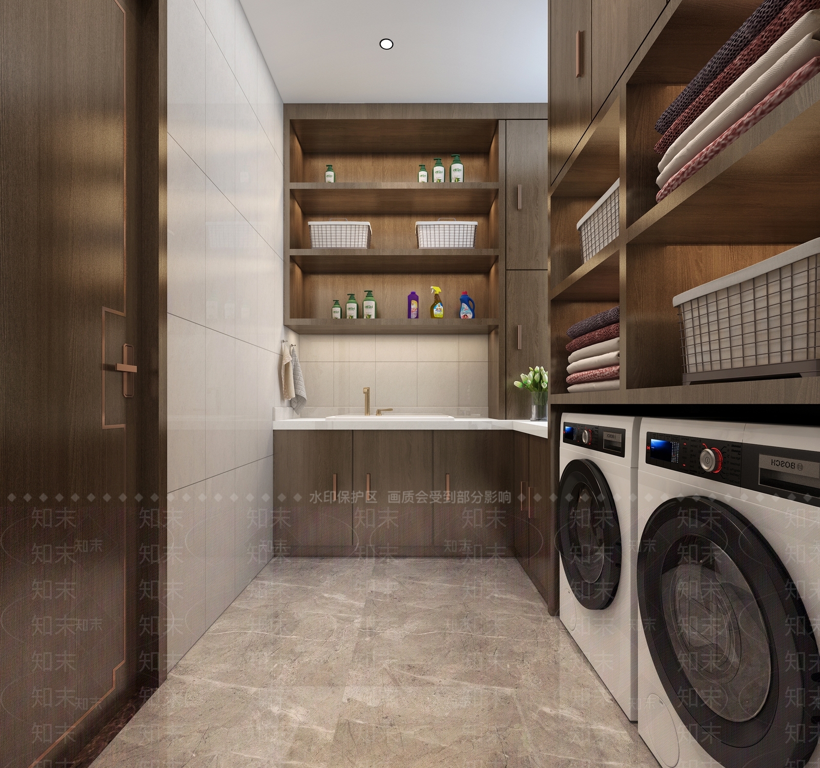 现代简约洗衣房洗衣房柜子洗衣机烘干机包间洗衣用品脏衣篮3D模型下载【ID:1144426140】