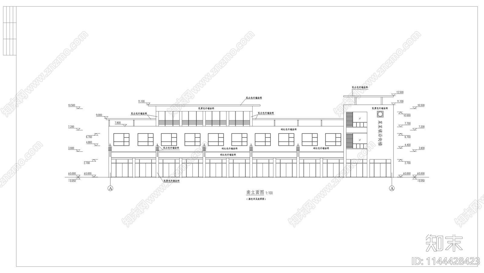 三层沿街商业楼建筑cad施工图下载【ID:1144428423】