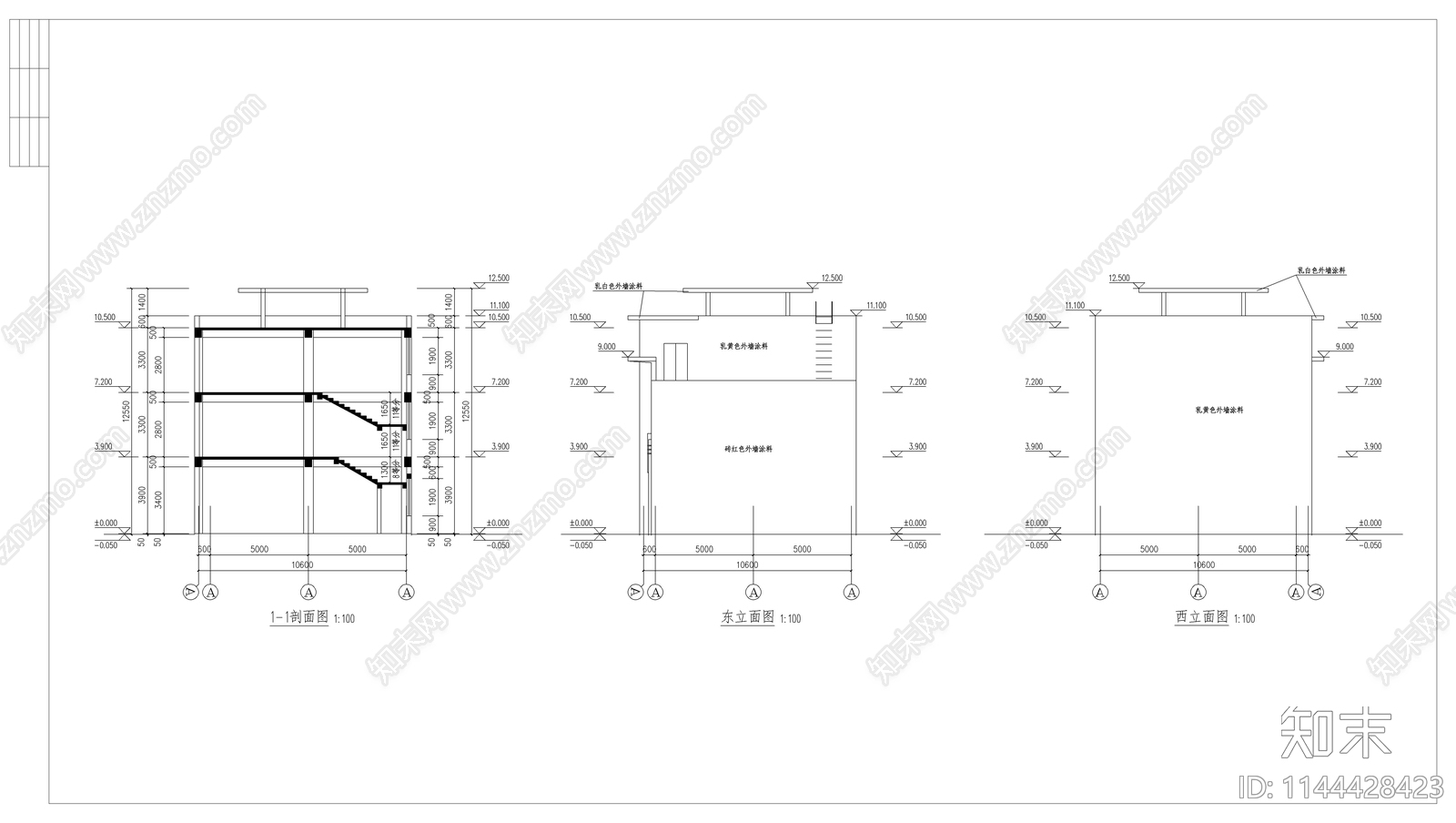 三层沿街商业楼建筑cad施工图下载【ID:1144428423】