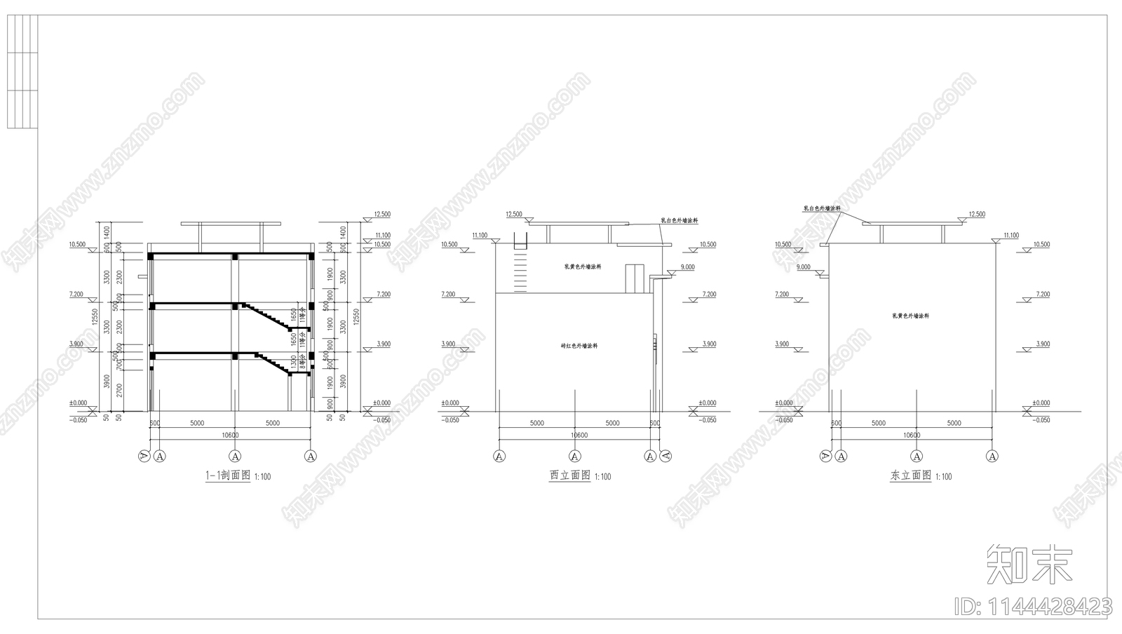 三层沿街商业楼建筑cad施工图下载【ID:1144428423】