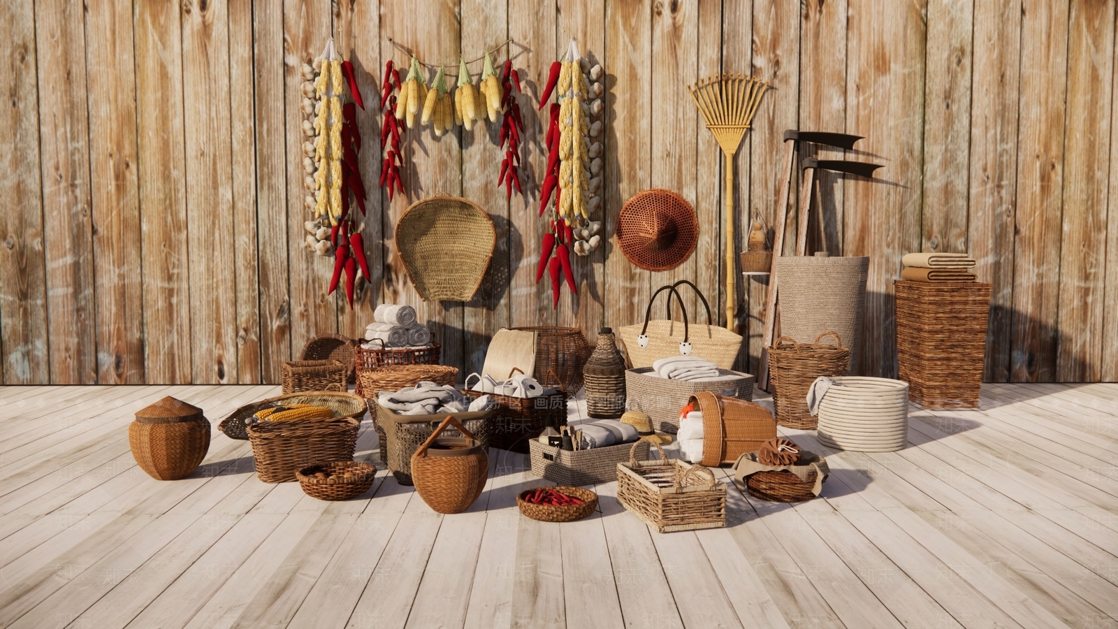 中式乡村农具小品SU模型下载【ID:1144443579】