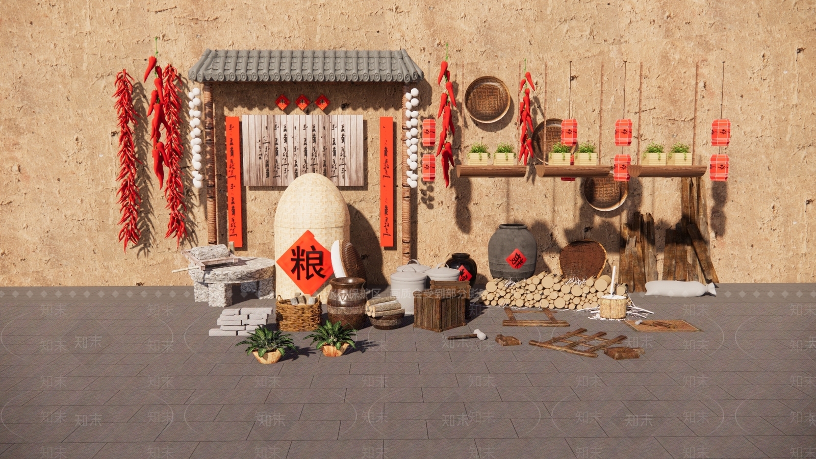 中式乡村农具小品组合SU模型下载【ID:1144445290】