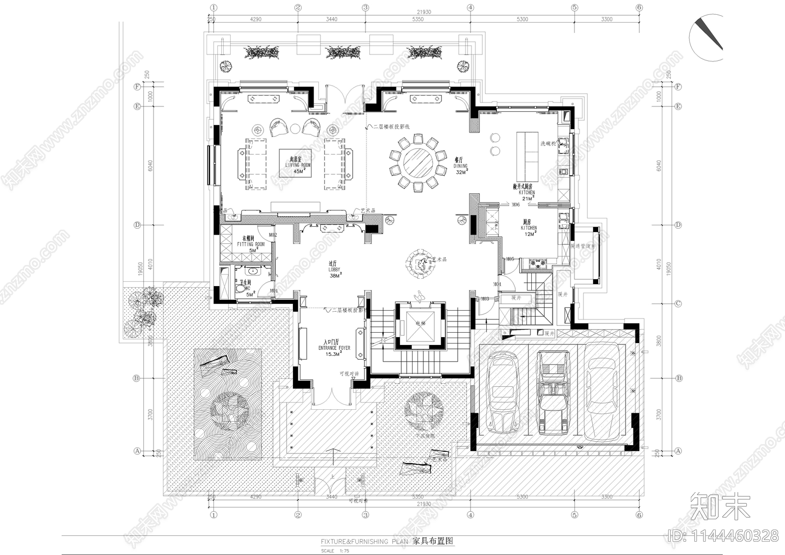 新中式五层别墅全套cad施工图下载【ID:1144460328】