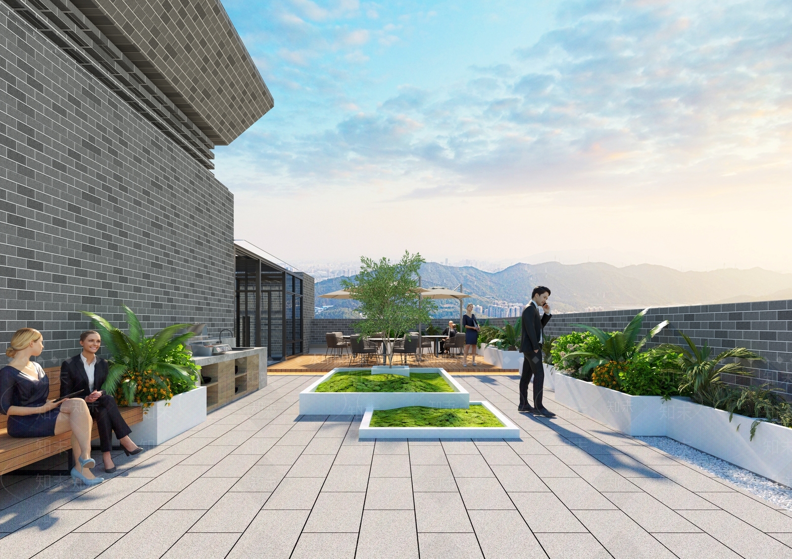 屋顶花园阳光房休闲桌椅遮阳伞绿植堆3D模型下载【ID:1144472743】