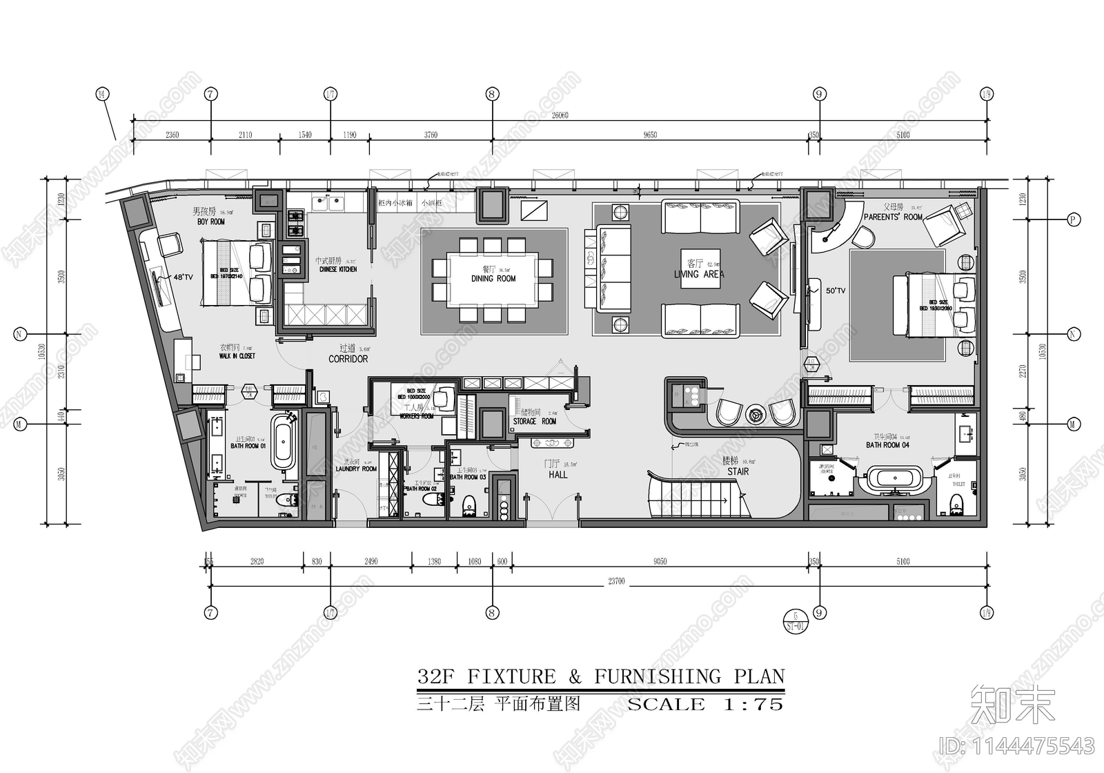 500㎡复式别墅室内cad施工图下载【ID:1144475543】